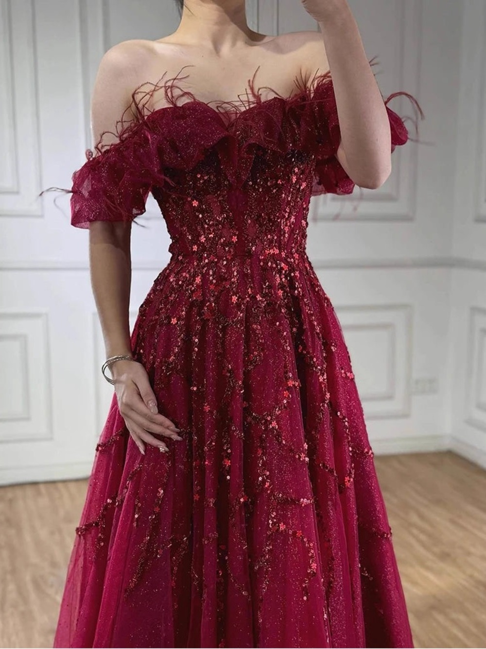 Off-Shoulder Burgundy Red Sequin Tulle Gown - Picture 2 of 4